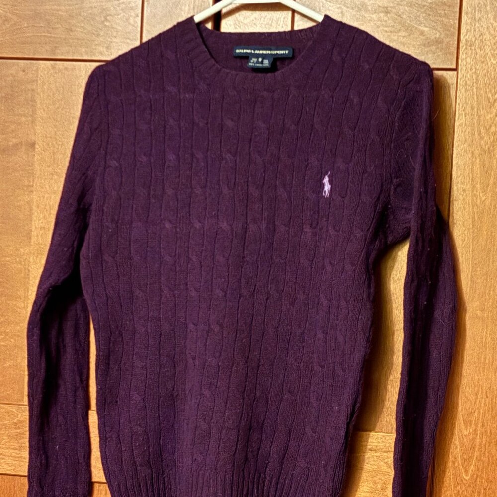 Polo Ralph Lauren Woman’s Merino Wool Purple Cable Knit Crewneck Sweater Sz S